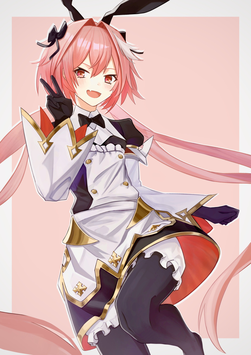 1boy absurdres animal_ears astolfo_(fate) astolfo_(saber)_(fate) astolfo_(saber)_(third_ascension)_(fate) black_bow black_bowtie black_gloves black_thighhighs bow bowtie fake_animal_ears fate/grand_order fate_(series) gloves hair_bow hair_intakes highres long_hair male_focus multicolored_hair open_mouth otoko_no_ko pink_background pink_hair purple_eyes rabbit_ears smile solo streaked_hair teruru_(teruru0321) thighhighs twintails v very_long_hair white_hair wing_collar