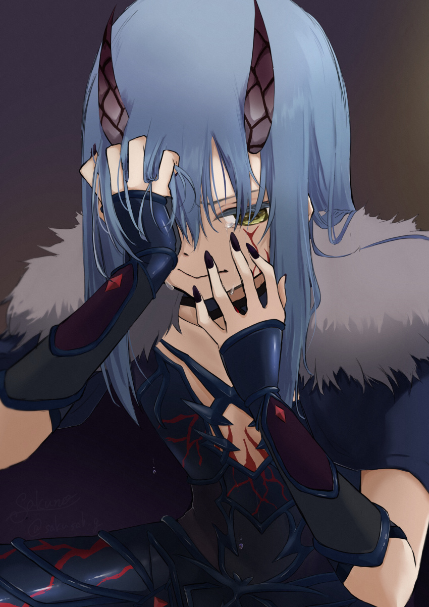 1other absurdres black_nails blue_hair crying crying_with_eyes_open hair_between_eyes hand_on_own_face highres horns rimuru_tempest sakunotoon simple_background tears tensei_shitara_slime_datta_ken yellow_eyes