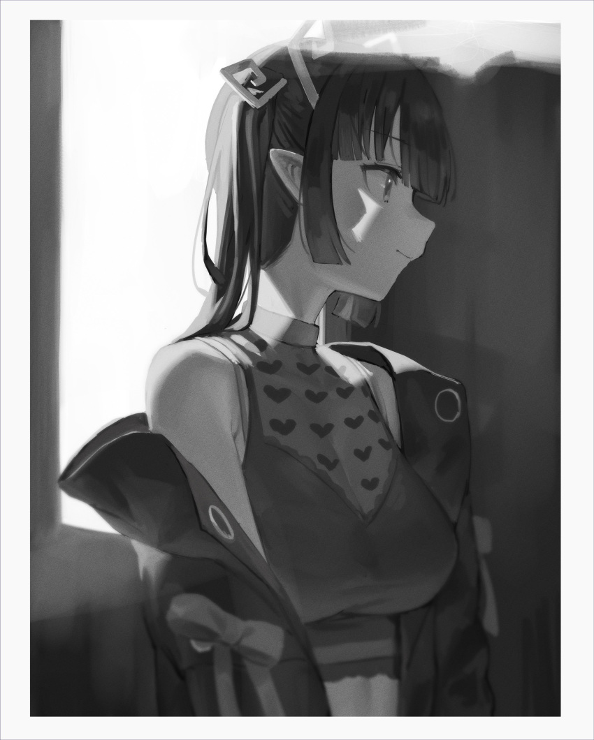 1girl absurdres blunt_bangs border breasts cleavage closed_mouth crop_top demon_girl demon_horns frikulu greyscale heart heart_print highres horns jacket kojo_anna kojo_anna_(1st_costume) long_hair looking_afar medium_breasts monochrome nanashi_inc. off_shoulder open_clothes open_jacket pointy_ears print_shirt see-through see-through_cleavage see-through_shirt shirt sleeveless sleeveless_shirt smile solo twintails upper_body virtual_youtuber