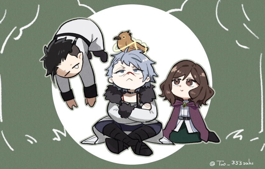 1girl 2boys :&lt; animal animal_on_head belt bird bird_on_head black_footwear blood blood_on_face boots brooch brown_eyes brown_hair chibi choker circle cloak closed_eyes coat crossed_arms cuts ehre_(sousou_no_frieren) floating green_background green_skirt grey_hair harness highres hood hooded_cloak injury jacket jewelry levitation looking_at_animal looking_up magic multiple_boys on_head outstretched_arms pants purple_cloak scharf_(sousou_no_frieren) shirt short_hair sitting skirt smile sousou_no_frieren stille_(sousou_no_frieren) tao_333saki tearing_up twintails white_coat white_jacket white_shirt wirbel_(sousou_no_frieren)