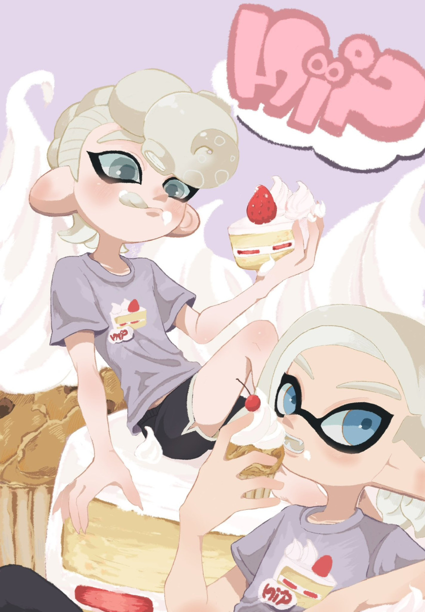 2boys :q aqua_eyes black_shorts blue_eyes cake commentary_request cream cupcake eating food grey_shirt highres inkling_(language) inkling_boy inkling_player_character io_chan64 male_focus mohawk multiple_boys octoling_boy octoling_player_character pointy_ears print_shirt purple_background shirt short_hair short_shorts shorts simple_background sitting solo splatoon_(series) splatoon_3 strawberry_shortcake tentacle_hair thick_eyebrows tongue tongue_out white_hair