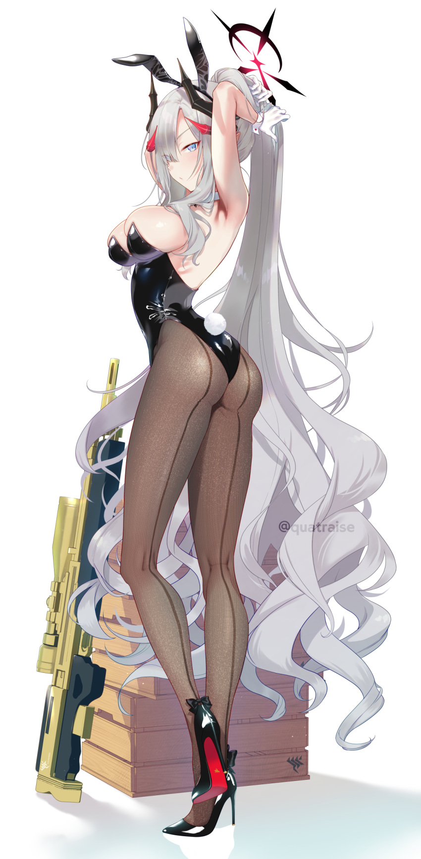 1girl absurdres armpits ass black_footwear black_horns black_leotard black_pantyhose blue_archive blue_eyes blush breasts closed_mouth demon_horns fake_tail full_body gloves grey_hair gun halo high_heels highres horns kneepits large_breasts leotard long_hair makoto_(blue_archive) multiple_horns pantyhose quatraise rabbit_tail red_halo solo strapless strapless_leotard tail twitter_username weapon white_gloves