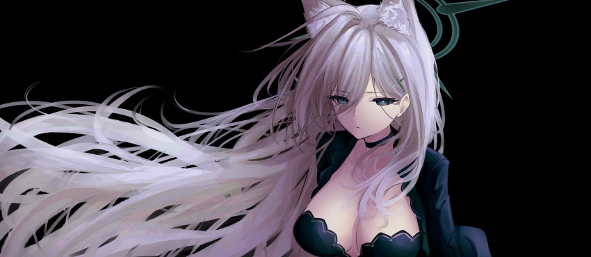 1girl absurdres animal_ears azuisei black_background black_dress black_eyes black_halo black_jacket blue_archive breasts bright_pupils commentary dress extra_ears floating_hair grey_hair halo highres jacket large_breasts long_hair looking_at_viewer mismatched_pupils shiroko_(blue_archive) shiroko_terror_(blue_archive) solo upper_body very_long_hair white_pupils wolf_ears wolf_girl