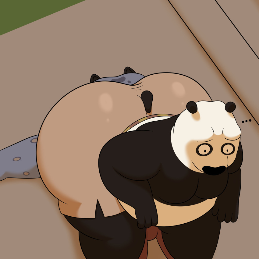 1:1 2024 absurd_res anthro bear big_butt black_body black_ears black_eyes black_fur black_nose black_tail bottomwear brown_body brown_bottomwear brown_clothing brown_fur brown_shorts brown_spots butt clothing colossalstars digital_media_(artwork) dreamworks duo ellipsis facesitting felid fur giant_panda grey_body grey_fur grey_spots hi_res high-angle_view huge_butt kung_fu_panda male mammal markings master_po_ping moobs multicolored_body multicolored_fur obese obese_anthro obese_male outside overweight overweight_anthro overweight_male pantherine pants short_tail shorts sitting sitting_on_another snow_leopard spots spotted_body spotted_fur stairs surprise surprised_expression tai_lung_(kung_fu_panda) tail thick_thighs three-quarter_view two_tone_body two_tone_fur two_tone_spots white_body white_fur