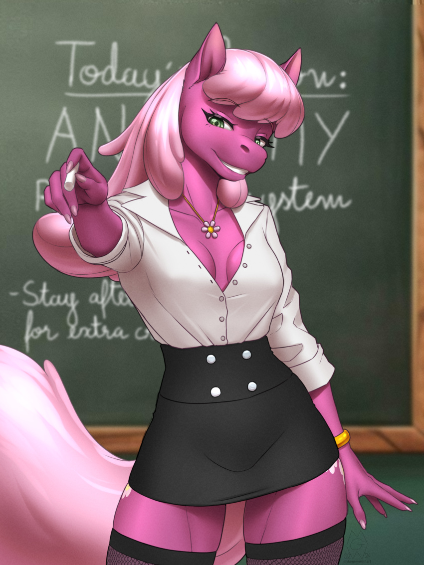 2024 5_fingers absurd_res anthro anthrofied bottomwear bracelet breasts chalkboard cheerilee_(mlp) cleavage clothed clothing collarbone cutie_mark digital_media_(artwork) earth_pony equid equine eyebrow_through_hair eyebrows eyelashes female fingers friendship_is_magic gesture green_eyes hair hasbro hi_res horse jewelry legwear mammal medium_breasts my_little_pony mykegreywolf necklace pink_body pink_hair pointing pony shirt skirt smile solo stockings teacher topwear translucent translucent_hair
