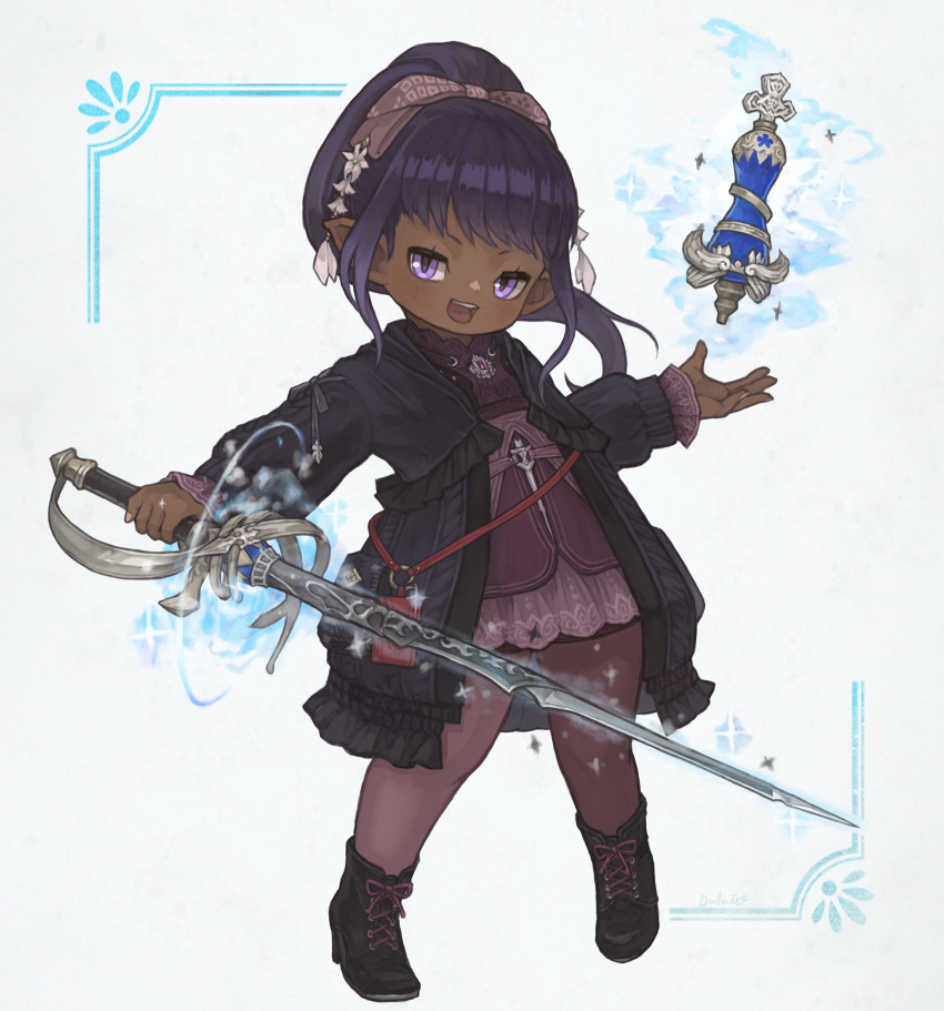 1girl black_footwear commission cross-laced_footwear cryokinesis dark-skinned_female dark_skin dress final_fantasy final_fantasy_xiv flat_chest frilled_jacket frills full_body hair_ribbon highres holding holding_weapon jacket lalafell long_bangs looking_at_viewer medium_hair open_mouth pink_dress pink_ribbon pink_thighhighs pointy_ears ponytail pouch puluie purple_eyes purple_hair purple_jacket rapier red_mage ribbon simple_background smile solo sword teeth thighhighs warrior_of_light_(ff14) weapon
