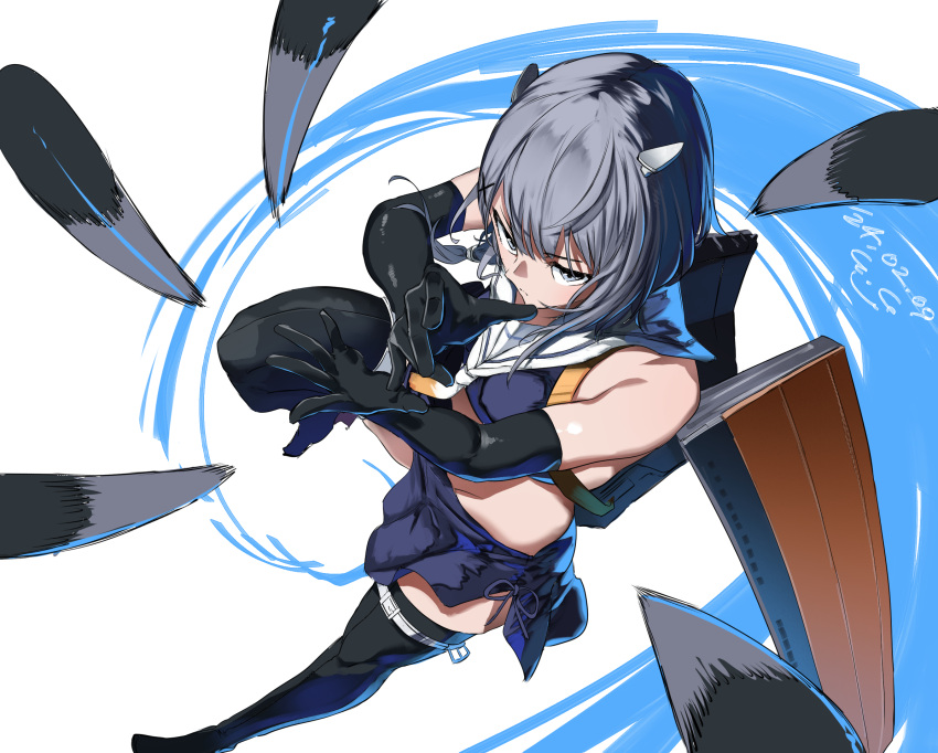 1girl black_gloves blue_skirt crop_top dated elbow_gloves fake_horns gegeron gloves grey_eyes grey_hair hair_ornament highres horned_headwear horns i-201_(kancolle) kantai_collection long_hair looking_at_viewer machinery navel neckerchief nontraditional_school_swimsuit pencil_skirt sailor_collar school_swimsuit signature skirt solo swimsuit thighhighs torpedo white_background white_sailor_collar x_hair_ornament