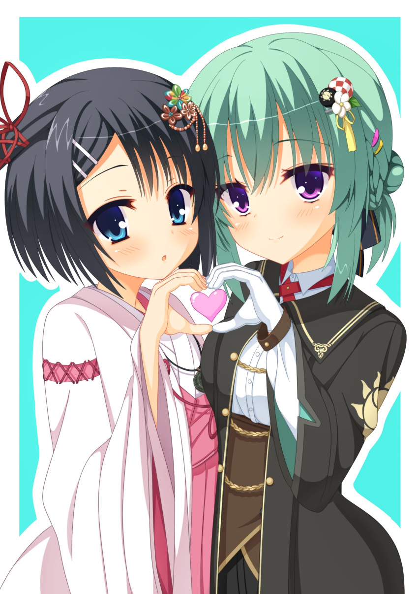 2girls absurdres aqua_background black_hair black_suit blue_eyes blush bob_cut border closed_mouth collared_shirt commentary company_connection cowboy_shot crossover dracu-riot! flower gloves green_hair hair_bun hair_flower hair_ornament hairclip hand_up hareringo heart heart_hands heart_hands_duo highres japanese_clothes kimono long_sleeves looking_at_viewer medium_hair mera_azusa miko multiple_girls parted_lips purple_eyes red_ribbon ribbon shirt side-by-side side_ponytail simple_background single_hair_bun smile split_mouth suit takadate_orie tenshi_souzou_re-boot! white_border white_gloves white_kimono white_shirt wide_sleeves yuzu-soft