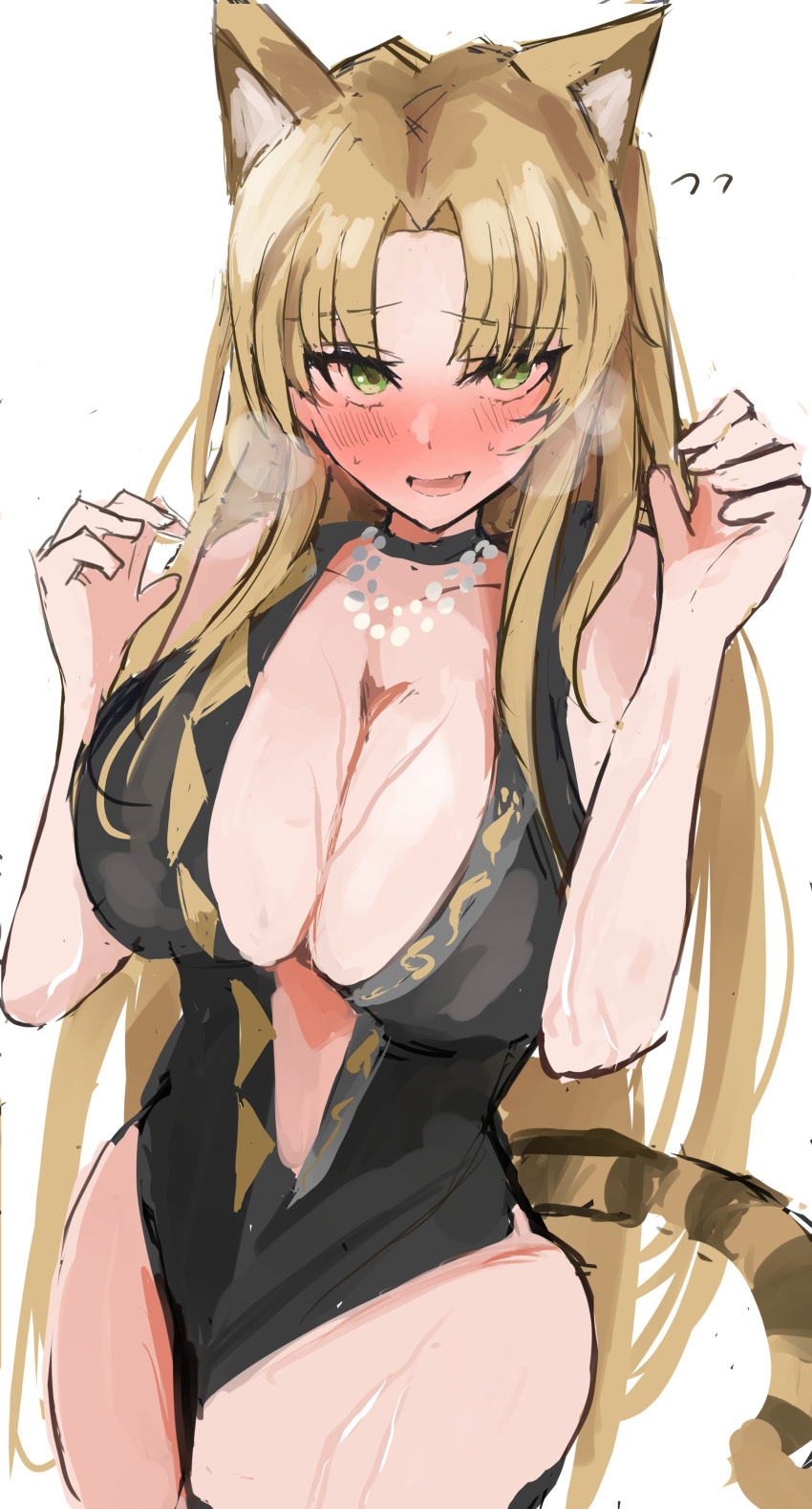 1girl absurdres animal_ears arknights blonde_hair blush breasts cleavage green_eyes heavy_breathing highres jewelry large_breasts long_hair looking_at_viewer necklace official_alternate_costume one-piece_swimsuit smile solo sunaneko_oekaki sweat swimsuit swire_(arknights) tail thighs