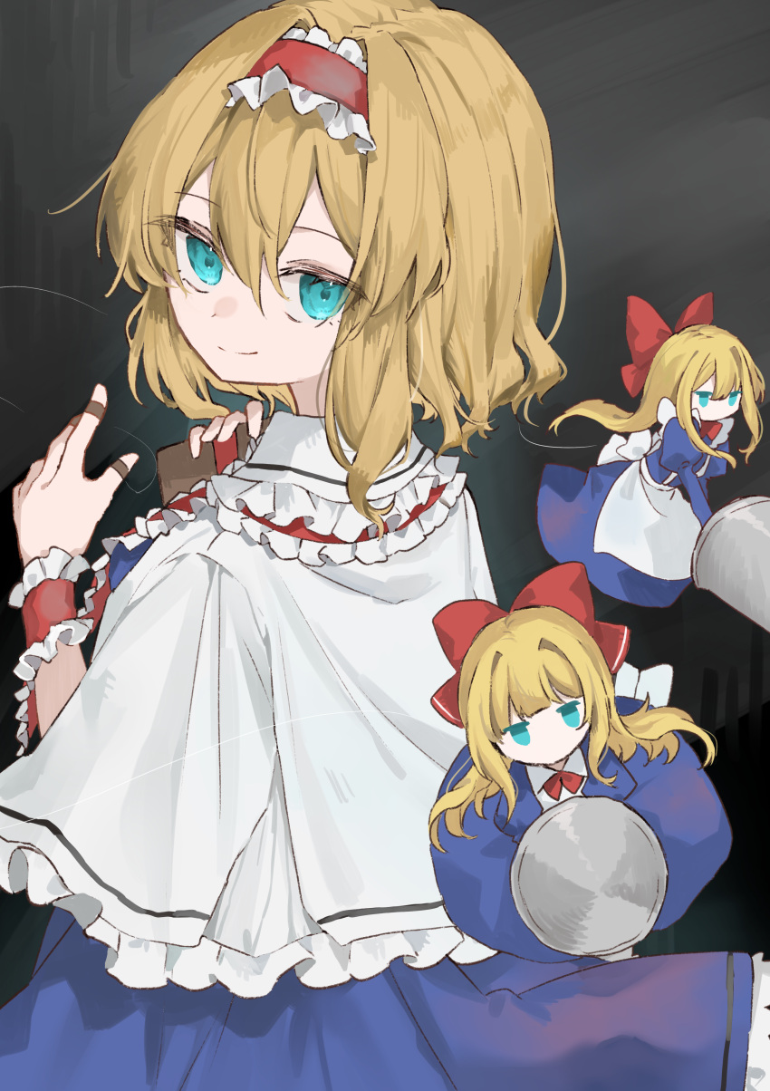 1girl absurdres alice_margatroid apron aqua_eyes blonde_hair blue_dress bow capelet chu_(yuzumeno) closed_mouth commentary doll dress frilled_capelet frilled_hairband frilled_wrist_cuffs frills grey_background hair_between_eyes hair_bow hairband hand_up highres holding jewelry lance long_hair polearm puppet_rings puppet_strings red_bow red_hairband red_wrist_cuffs ring shanghai_doll short_hair simple_background smile touhou weapon white_apron white_capelet wrist_cuffs