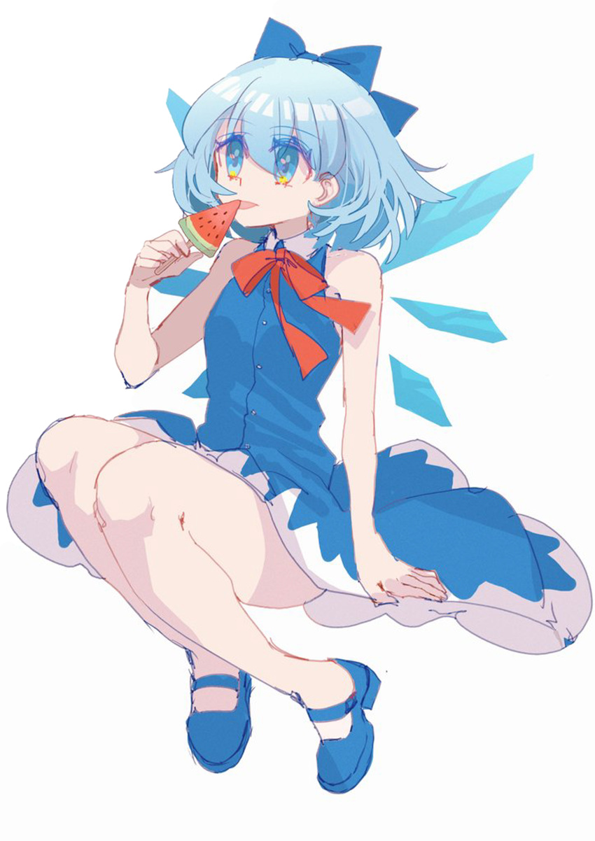 1girl absurdres bare_legs bare_shoulders blue_bow blue_dress blue_eyes blue_footwear blue_hair bow breasts buttons cirno detached_wings dress food full_body highres holding holding_food medium_hair no_shirt no_socks pinafore_dress popsicle shocho_(shaojiujiu) sleeveless sleeveless_dress small_breasts solo touhou watermelon_bar wings