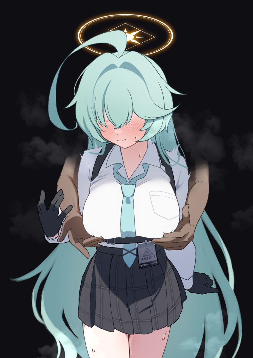 1girl 1other ahoge black_background black_gloves black_skirt blue_archive blue_necktie blush breasts closed_mouth collared_shirt cowboy_shot gloves green_hair halo heart highres hizikata398 large_breasts long_hair long_sleeves necktie nipple_stimulation pleated_skirt shirt simple_background skirt solo_focus sweat white_shirt yellow_halo yume_(blue_archive)