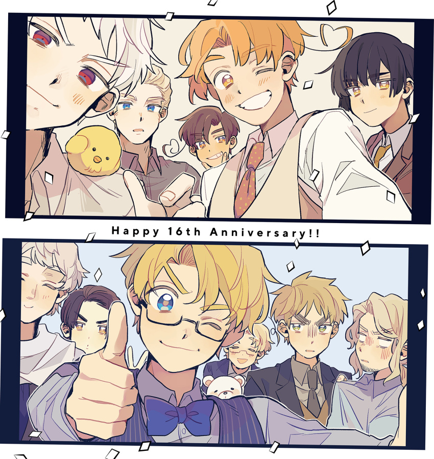 6+boys ^_^ america_(hetalia) anniversary annoyed axis_powers_hetalia bear black_hair blank_eyes blonde_hair blue_background blue_bow blue_bowtie blue_eyes bow bowtie brothers brown_eyes canada_(hetalia) china_(hetalia) closed_eyes collared_shirt confetti dot_mouth formal france_(hetalia) germany_(hetalia) gilbird glasses green_eyes grin hair_slicked_back highres japan_(hetalia) kumajirou_(hetalia) male_focus multiple_boys ninonuko northern_italy_(hetalia) one_eye_closed open_mouth panels polar_bear red_bow red_bowtie russia_(hetalia) scarf shirt siblings smile southern_italy_(hetalia) split_screen tan thumbs_up united_kingdom_(hetalia) v waistcoat white_background white_hair