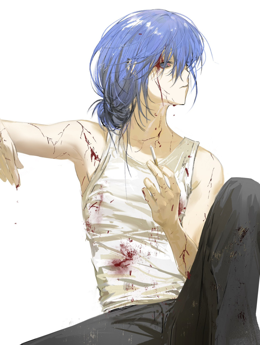 1boy black_pants blood blood_on_clothes blood_on_face blood_on_hands blood_splatter blood_stain bloodshot_eyes blue_eyes blue_hair cigarette closed_mouth dripping_blood ear_piercing guigui_rongrong hair_between_eyes highres holding holding_cigarette long_bangs long_hair looking_at_viewer low-tied_long_hair on_floor original pale_skin pants piercing sideways_glance simple_background tank_top white_background white_tank_top