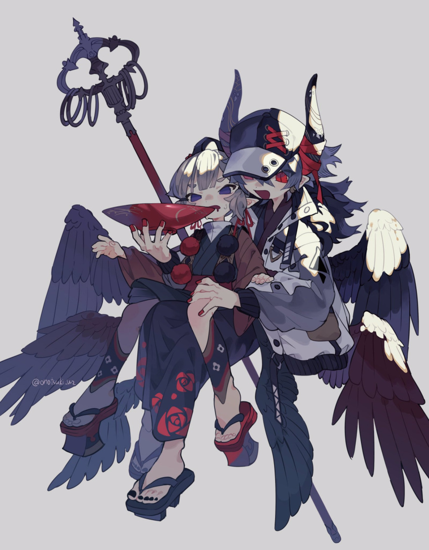 2boys artist_name baseball_cap black_footwear black_hair black_headwear black_horns black_nails black_shorts black_wings brown_sash brown_wings collared_jacket cup drooling ear_ribbon feeding force-feeding full_body geta grey_background grey_hair grey_jacket hair_between_eyes hakama hakama_shorts hands_up hat high_collar highres holding holding_cup horn_ornament horn_ribbon horns jacket japanese_clothes long_hair long_sleeves looking_at_another male_focus mouth_drool multiple_boys multiple_wings onotsuki_w2 open_mouth original pointy_ears pom_pom_(clothes) puffy_long_sleeves puffy_sleeves purple_eyes red_eyes red_footwear red_nails ribbon sakazuki sash shakujou shorts simple_background sitting sitting_on_lap sitting_on_person slit_pupils staff tengu tengu-geta tokin_hat twitter_username wide_sleeves wings