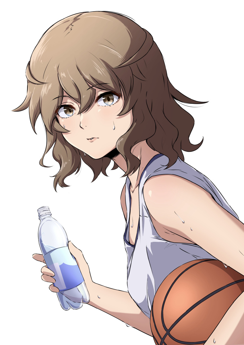 1girl absurdres ball basketball basketball_(object) bottle breasts brown_eyes brown_hair closed_mouth commentary drink from_side hair_between_eyes hanamonogatari highres holding holding_ball holding_bottle holding_drink holding_water jersey leaning_forward light_brown_hair looking_at_viewer looking_to_the_side messy_hair monogatari_(series) nishizuki_shino numachi_rouka shirt short_hair simple_background sleeveless sleeveless_shirt small_breasts solo sportswear sweat upper_body very_sweaty water_bottle wavy_hair white_background white_shirt