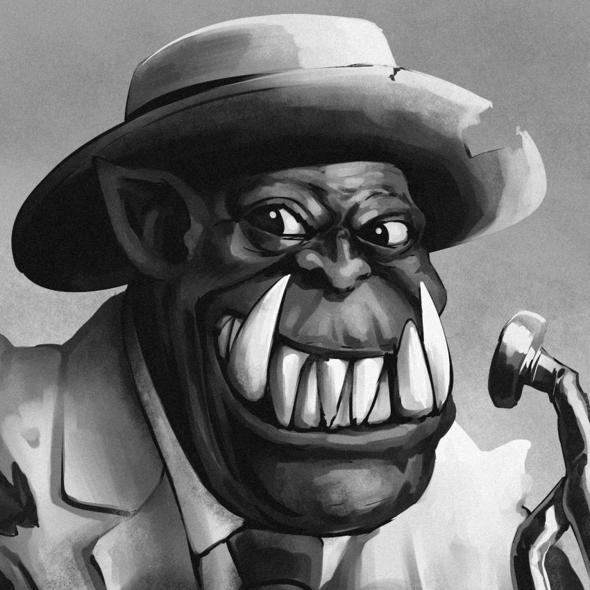 1boy fedora greyscale hat highres instrument jazz_jack looking_at_viewer male_focus monochrome orc ork_(warhammer) sharp_teeth solo suit teeth trumpet warhammer_40k