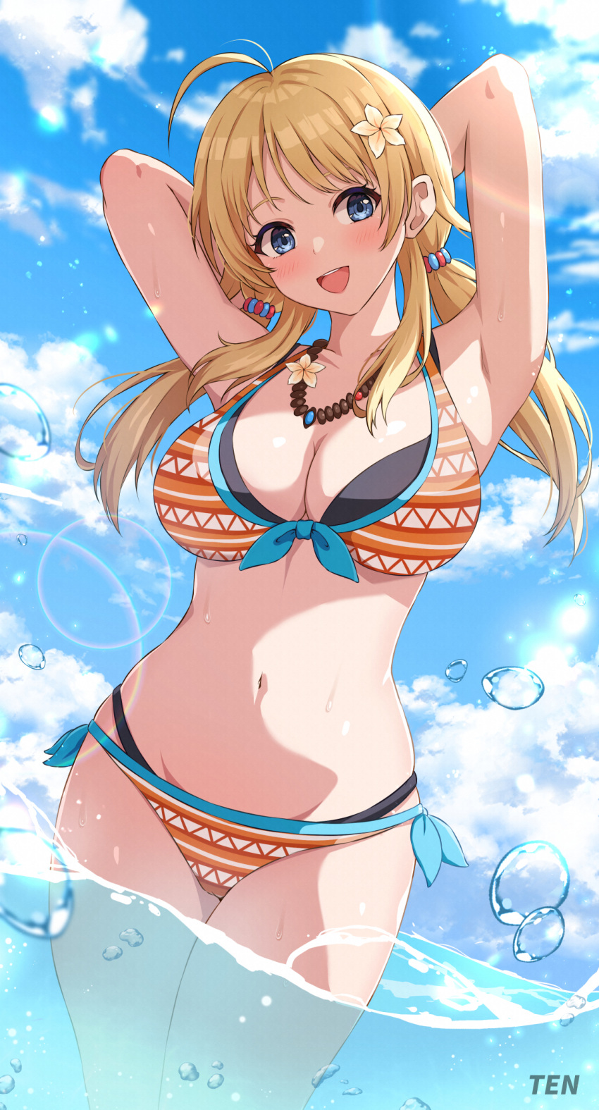 1girl ahoge armpits arms_behind_head arms_up bikini blonde_hair blue_eyes blue_sky blush breasts cleavage cloud commentary_request day flower front-tie_bikini_top front-tie_top hachimiya_meguru hair_flower hair_ornament hairclip highres idolmaster idolmaster_shiny_colors large_breasts layered_bikini long_hair looking_at_viewer low_twintails multicolored_bikini multicolored_clothes navel ocean open_mouth outdoors partial_commentary partially_submerged partially_underwater_shot side-tie_bikini_bottom sky smile solo standing swimsuit tenpa_(tenpa2190) twintails wading water water_drop wet