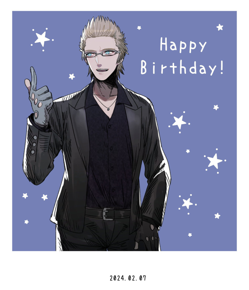 1boy black_jacket blonde_hair blue_background blue_eyes final_fantasy final_fantasy_xv glasses gloves hair_slicked_back happy_birthday highres ignis_scientia index_finger_raised jacket jewelry male_focus necklace nnnmmg0725 open_mouth shirt short_hair smile spiked_hair star_(symbol) suit_jacket