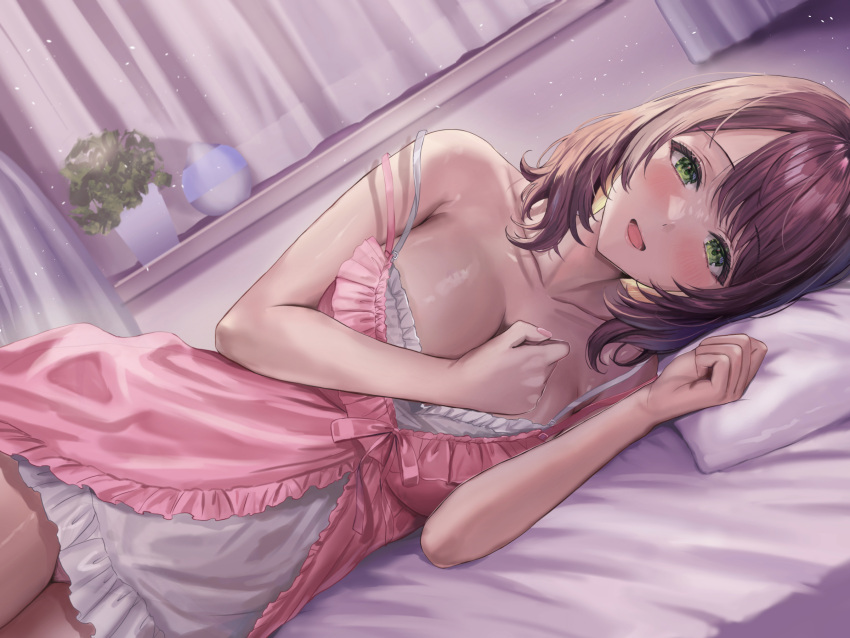 1girl babydoll bare_shoulders blush breasts brown_hair camisole cleavage collarbone commentary_request green_eyes highres large_breasts looking_at_viewer lying on_bed on_side open_mouth original pillow pink_babydoll sakamuke short_hair smile solo swept_bangs white_camisole
