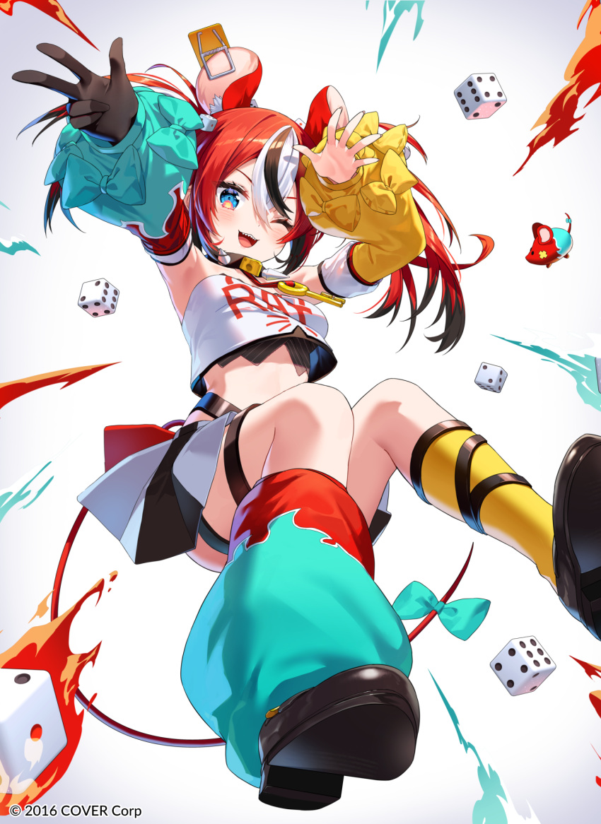 1girl ;d animal_ears armpits asymmetrical_legwear bare_shoulders black_footwear black_gloves black_skirt blue_eyes breasts collar crop_top crop_top_overhang detached_sleeves dice foreshortening gloves hair_ornament hakos_baelz highres hololive hololive_english key long_hair long_sleeves looking_at_viewer loose_socks midriff miniskirt mouse_ears mouse_girl mouse_tail mousetrap multicolored_hair official_art one_eye_closed open_mouth red_hair rosuuri shirt shoes single_glove skirt small_breasts smile solo streaked_hair tail thigh_strap twintails two-tone_hair virtual_youtuber white_shirt