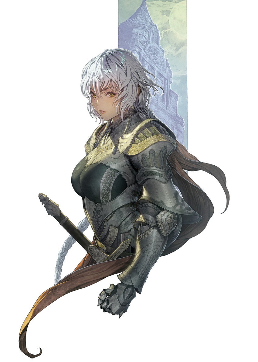 1girl armor armored_gloves braid breasts grey_hair highres homare_(fool's_art) lips looking_at_viewer original parted_lips solo sword weapon white_background yellow_eyes