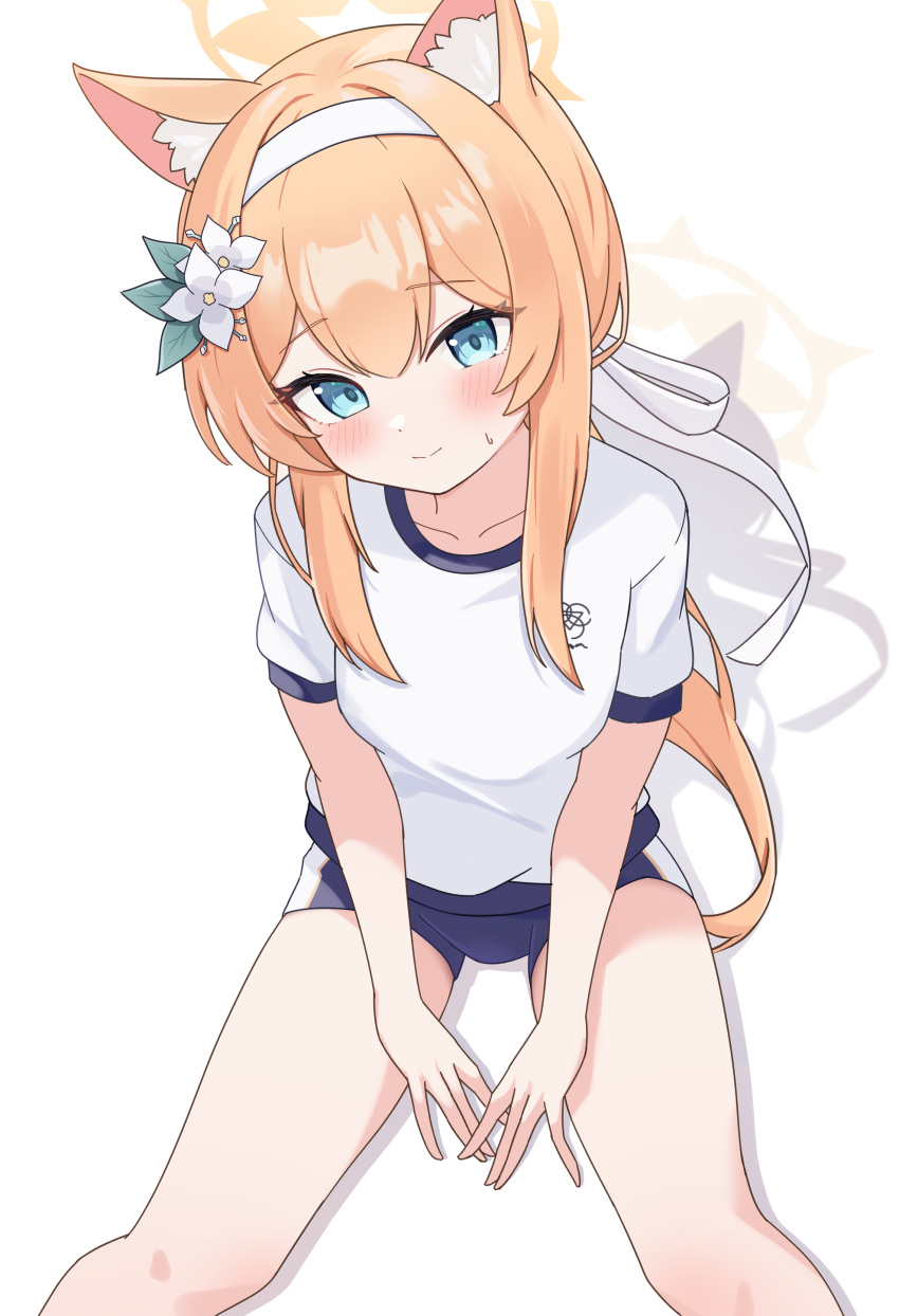 1girl absurdres animal_ear_fluff animal_ears black_shorts blue_archive blue_eyes blush closed_mouth collarbone commentary feet_out_of_frame halo highres long_hair mari_(blue_archive) mari_(track)_(blue_archive) nonddu official_alternate_costume orange_hair shirt short_sleeves shorts simple_background smile solo white_background white_shirt yellow_halo