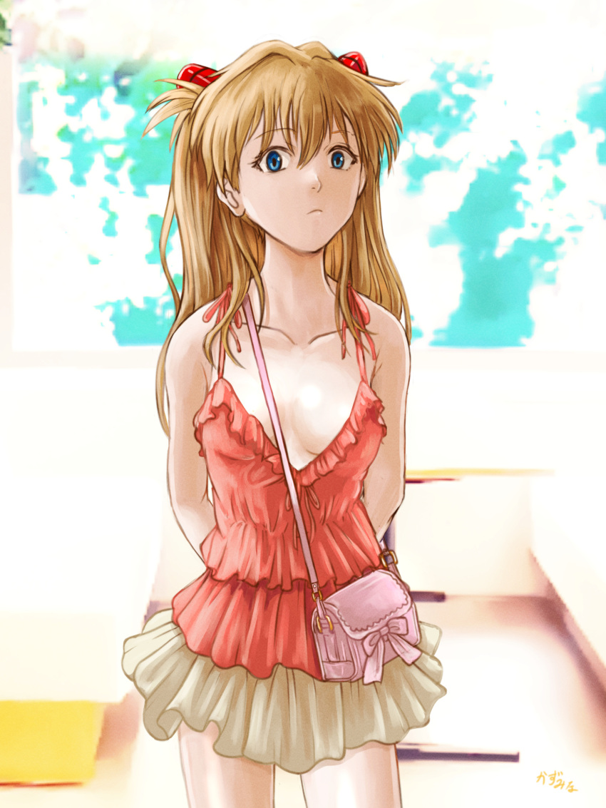 1girl arms_behind_back artist_name bag bare_arms bare_shoulders blue_eyes breasts brown_hair camisole casual closed_mouth collarbone commentary cowboy_shot expressionless frilled_camisole frilled_skirt frills hair_between_eyes handbag highres interface_headset kazumina light_frown long_hair looking_at_viewer medium_breasts neon_genesis_evangelion paid_reward_available pink_bag plunging_neckline red_camisole signature skirt solo souryuu_asuka_langley spaghetti_strap standing two_side_up v-neck