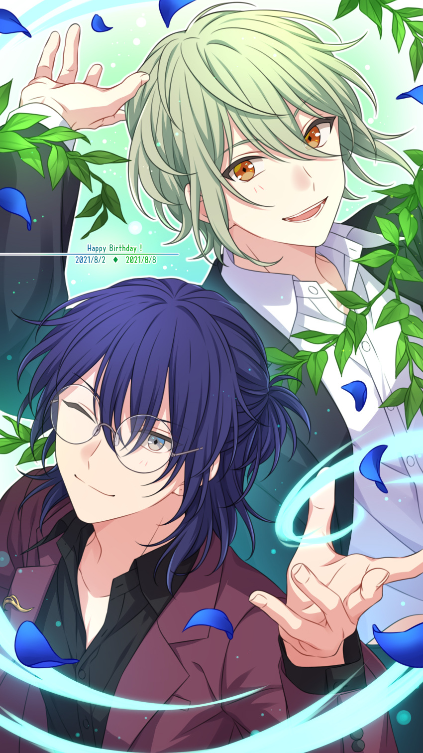 2boys absurdres aoyagi_mikado black_shirt blue_hair closed_mouth collared_shirt commentary_request dated glasses gradient_background green_background green_eyes green_hair green_jacket hands_up happy_birthday hashikura_an highres jacket long_sleeves looking_at_viewer male_focus multiple_boys on_air! one_eye_closed open_mouth orange_eyes plant red_jacket sekina shirt short_ponytail smile teeth upper_body white_shirt wind
