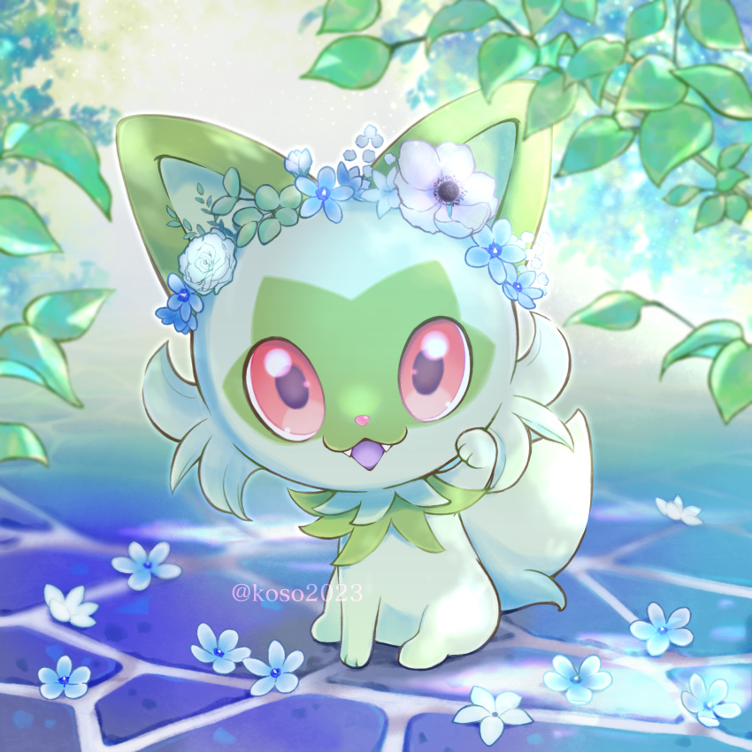 :d blue_flower commentary_request day fangs flower happy highres koso2023 looking_at_viewer no_humans open_mouth outdoors pink_eyes pokemon pokemon_(creature) sitting smile solo sprigatito