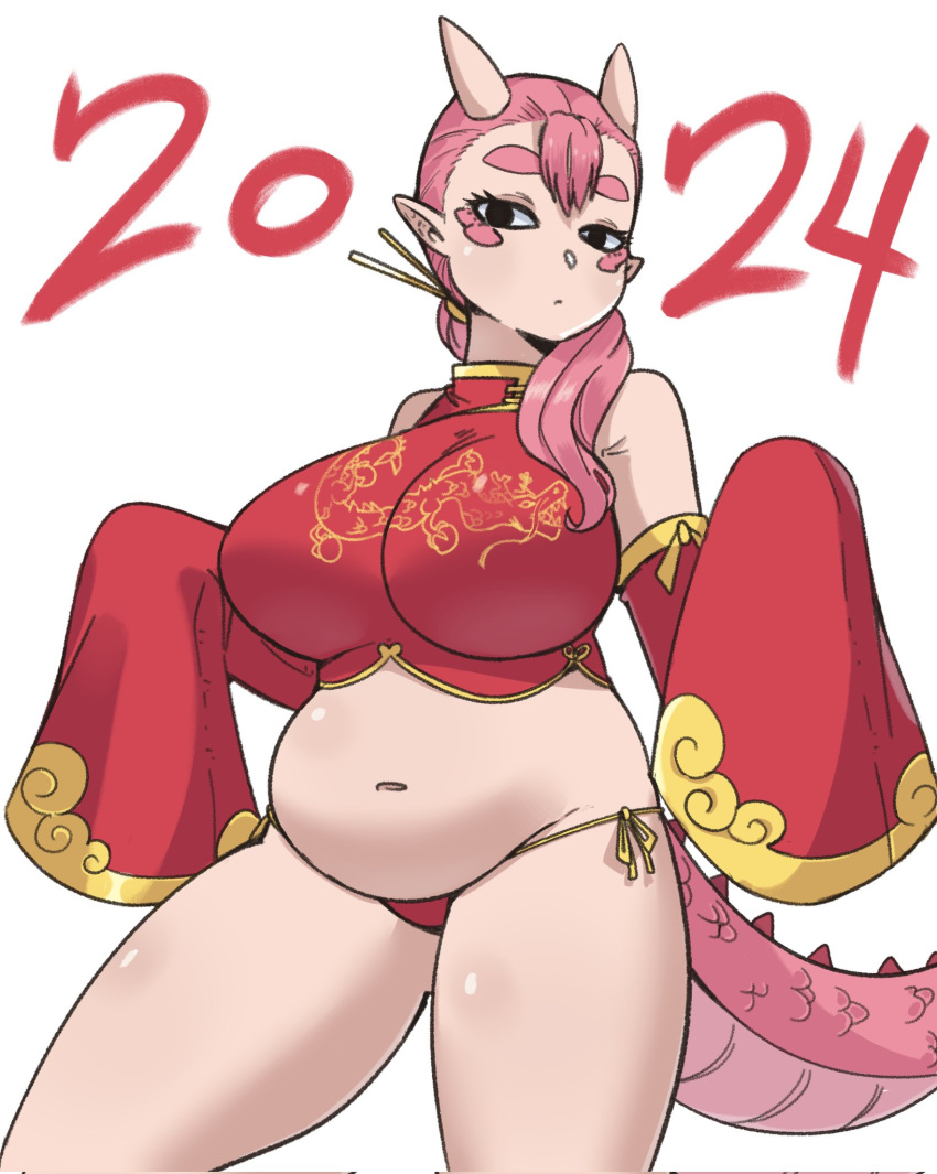 2024 accessory animal_humanoid armwear asian_clothing belly belly_overhang big_breasts black_eyes breasts chinese_clothing chinese_zodiac clothed clothing crop_top detached_sleeves dragon dragon_humanoid east_asian_clothing female gonda_(plus-sized_elf) hair hair_accessory hair_on_shoulder hair_sticks hi_res humanoid long_sleeves navel panties pantsless pink_body pink_hair pink_scales plus-sized_elf ponytail portrait red_clothing reptile reptile_humanoid scales scalie scalie_humanoid shirt side-tie_panties simple_background slightly_chubby slightly_chubby_female slightly_chubby_humanoid solo spikes spikes_(anatomy) thick_thighs three-quarter_portrait topwear underwear wanderjegson white_background year year_of_the_dragon