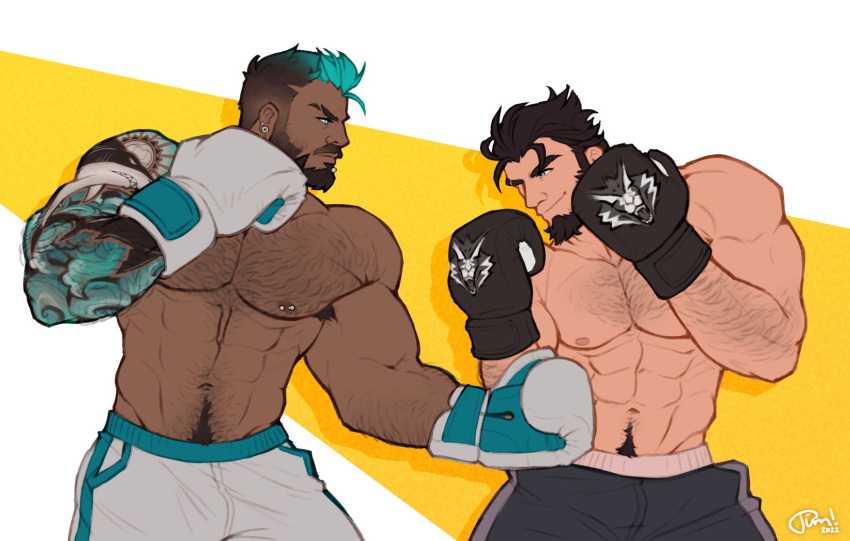 1boy 2boys abs alternate_hair_color aqua_shorts arm_hair armpit_hair armpit_hair_peek armpit_peek bara barbell_piercing beard bejamin_holt_(shockjaws) black_hair black_shorts blue_eyes boxing boxing_gloves chest_hair commission danny_(felixnosi) dark_skin eye_contact eyebrow_cut facial_hair from_side full_beard gradient_hair grey_hair hairy heads_together highres large_pectorals looking_at_another male_focus mature_male multicolored_hair multiple_boys muscular muscular_male navel nipple_bar nipple_piercing nipples original pectorals piercing punching short_hair shorts sideburns smirk solo sparse_chest_hair stomach stomach_punch thick_chest_hair thick_eyebrows thick_navel_hair tim_(shockjaws) topless_male very_dark_skin wolf_hood wrestler