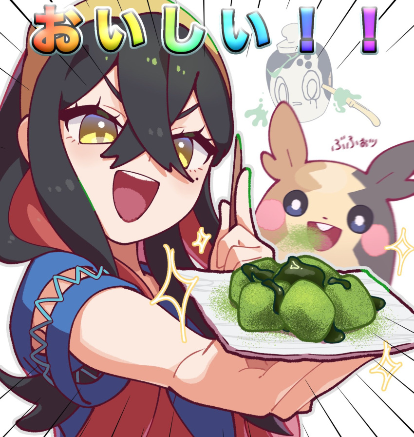 1girl :d black_hair carmine_(pokemon) colored_inner_hair commentary_request crossed_bangs emphasis_lines eyelashes floating food hairband highres holding holding_plate long_hair matcha_(food) mole mole_under_eye morpeko morpeko_(full) multicolored_hair omochi_(omotimotittona3) open_mouth plate pokemon pokemon_(creature) poltchageist rainbow_text red_hair smile translation_request two-tone_hair v-shaped_eyebrows white_background yellow_eyes yellow_hairband