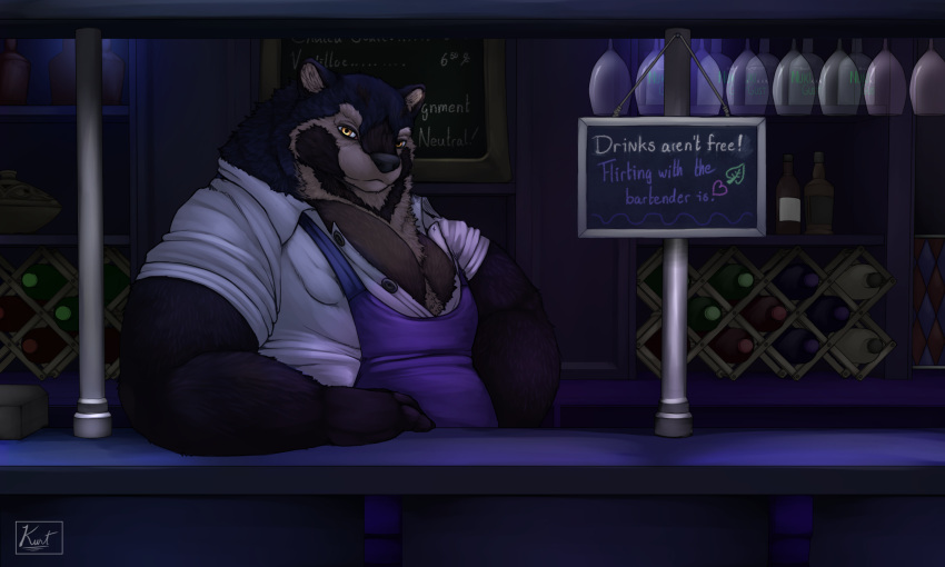 alcohol anthro apron bar barazoku beverage blue_body blue_fur bottle brown_body brown_fur canid canine chalkboard clothed clothing container cup drinking_glass elbow_on_counter fur geno28_(artist) glass glass_container glass_cup hi_res looking_at_viewer male mammal musclegut open_clothing open_shirt open_topwear orange_eyes pecs raccoon_dog rolled_up_sleeves shirt sign solo tagme tanuki topwear watermark wine_glass wine_rack zaffre_enos