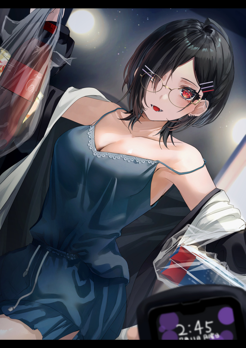 1girl :d absurdres bag bangs black_hair black_jacket blue_shirt bottle breasts cleavage dutch_angle ear_piercing fang fou_(ssqseeker) glasses hair_behind_ear hair_ornament hair_over_one_eye hairclip highres holding holding_bag jacket large_breasts letterboxed medium_hair mole mole_on_breast mole_under_eye off_shoulder open_clothes open_jacket original piercing red_eyes shirt skin_fang smile solo spaghetti_strap strap_slip
