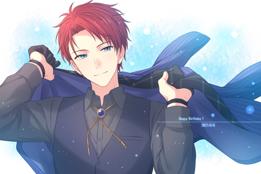 1boy black_gloves black_shirt black_vest blue_background blue_eyes blue_jacket brooch dated gloves gradient_background half_gloves hands_up happy_birthday highres holding holding_clothes holding_jacket jacket jewelry looking_at_viewer male_focus on_air! parted_bangs red_hair sekina shirt short_hair smile solo unworn_clothes upper_body vest yarai_rikka