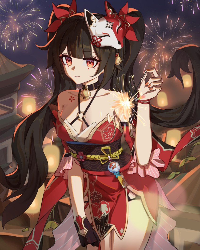 1girl absurdres arm_up bare_shoulders bell black_choker black_gloves black_hair black_sash breasts building chest_tattoo choker cleavage closed_mouth cowboy_shot criss-cross_halter detached_sleeves eyeliner fingernails fireworks floral_print flower_tattoo fox_mask gloves halterneck highres holding_fireworks honkai:_star_rail honkai_(series) japanese_clothes jingle_bell kimono lantern leaning_forward long_hair looking_at_viewer makeup mask mask_on_head mole mole_under_eye neck_bell night night_sky o-ring obi paper_lantern red_eyeliner red_eyes red_kimono red_sleeves sash single_glove sky sky_lantern sleeveless sleeveless_kimono smile solo sparkle_(honkai:_star_rail) standing tattoo twintails xingxing_yu_bei