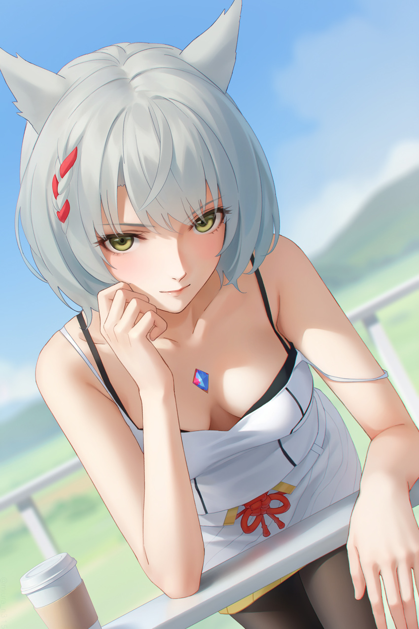 1girl animal_ears breasts camisole cat_ears chest_jewel core_crystal_(xenoblade) english_commentary grey_hair highres looking_at_viewer mio_(xenoblade) miura-n315 pantyhose short_hair shoulder_strap simple_background skirt small_breasts smile solo tank_top white_camisole white_skirt white_tank_top xenoblade_chronicles_(series) xenoblade_chronicles_3 yellow_eyes
