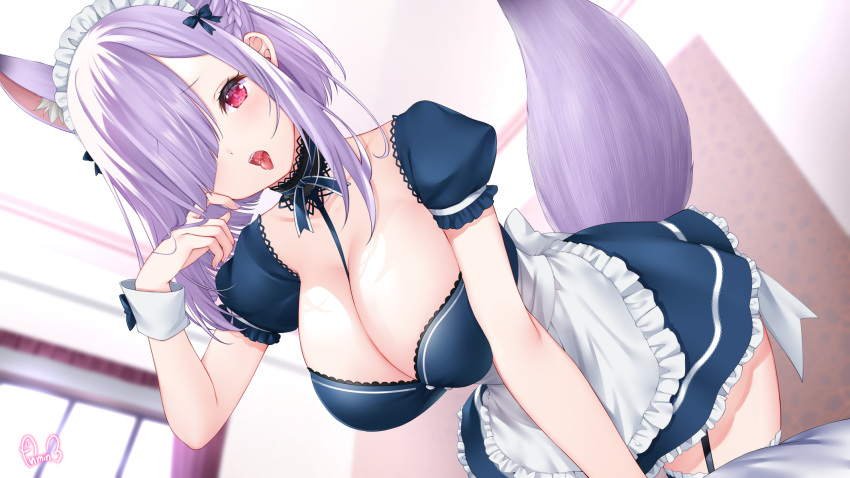 1girl animal_ear_fluff animal_ears apron blush breasts cleavage dress drop.b extra_ears fox_ears fox_girl fox_tail frilled_apron frills hair_ornament hair_over_one_eye highres indie_virtual_youtuber indoors kamishiro_natsume kitsune large_breasts looking_at_viewer maid maid_apron maid_headdress medium_hair open_mouth puffy_short_sleeves puffy_sleeves purple_hair purple_nails red_eyes saliva short_sleeves solo tail tongue tongue_out virtual_youtuber waist_apron white_apron wrist_cuffs