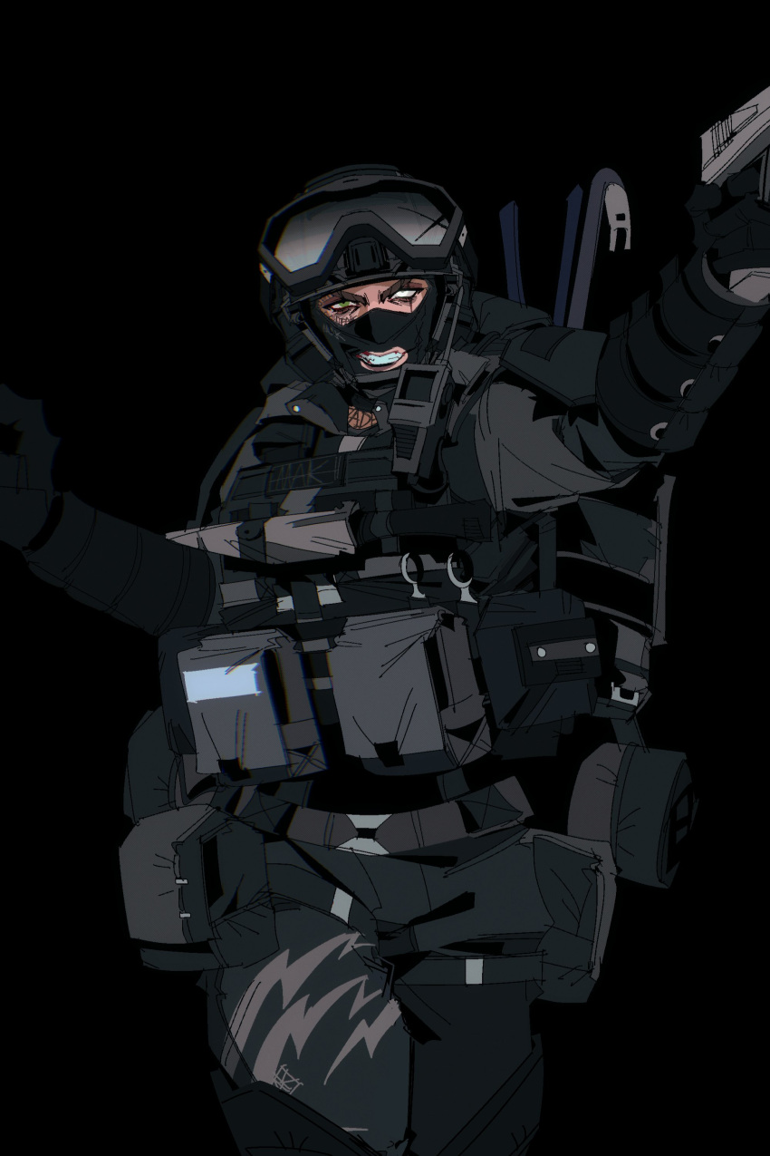 1boy absurdres belt black_background character_request copyright_request goggles goggles_on_head green_eyes gun hat heterochromia highres holding holding_gun holding_weapon looking_at_viewer military_hat military_uniform pants satt_(06satt) uniform walking weapon white_eyes