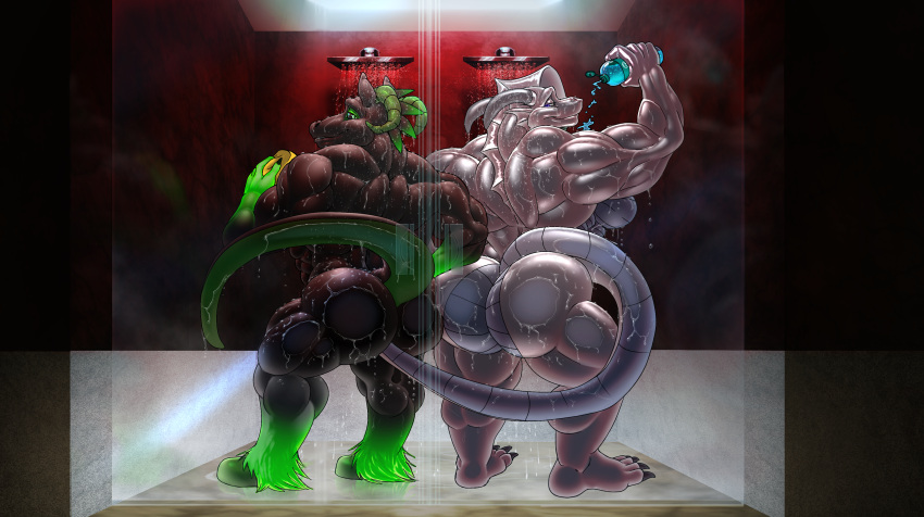 absurd_res against_surface anal anal_penetration anthro big_butt bubble butt claws duo flexing haze hi_res hooves looking_back male male/male muscular muscular_male nude on_glass penetration pose shower silversketch smile suds tail tail_fetish tail_play thick_thighs wet