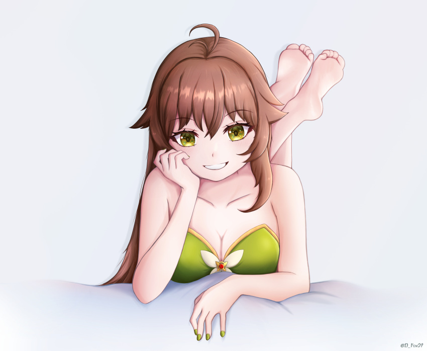 1girl absurdres ahoge artist_name barefoot bed_sheet bikini breasts brown_hair character_request cleavage collarbone copyright_request crossed_ankles d_fox09 feet feet_up full_body gold_trim green_bikini green_eyes green_nails grey_background hair_between_eyes hand_up head_rest highres large_breasts looking_at_viewer lying on_stomach sidelocks smile soles solo swimsuit the_pose toes twitter_username virtual_youtuber