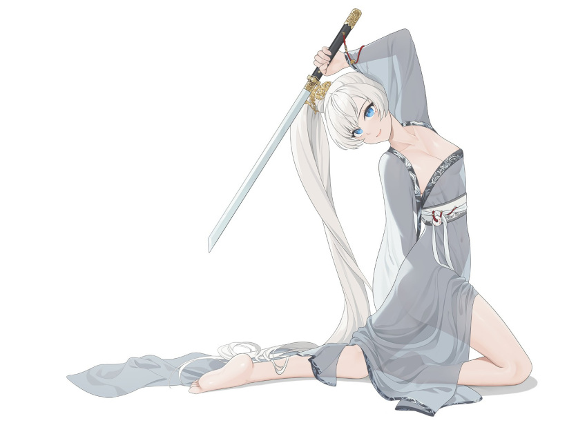 1girl arm_up bare_legs barefoot blue_eyes breasts chinese_clothes closed_mouth collarbone dress from_side full_body grey_dress grey_hair hair_flowing_over hair_ornament hanfu highres holding holding_sword holding_weapon kneeling leaning_back long_hair long_sleeves looking_to_the_side medium_breasts navel no_bra no_panties ponytail rwby sash scar scar_across_eye see-through see-through_dress shrug_(clothing) simple_background smile soles solo strapless strapless_dress sword unsheathed very_long_hair wangxiii weapon weiss_schnee white_background white_hair wide_sleeves yaopei