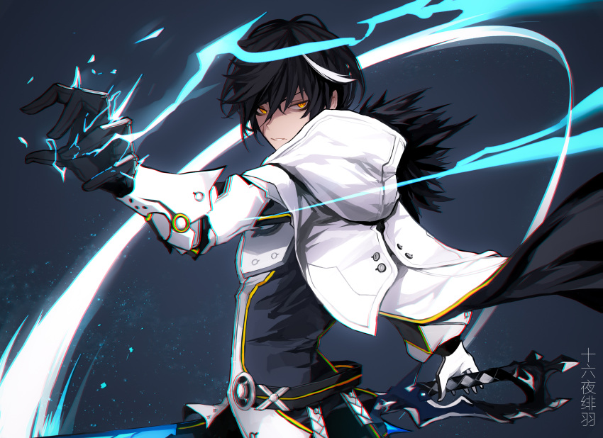 1boy absurdres black_fur black_gloves black_hair electricity elsword fur-trimmed_jacket fur_trim furious_blade_(elsword) gloves highres jacket raven_cronwell shiliuye_feiyu solo sword tan two-tone_gloves weapon white_gloves