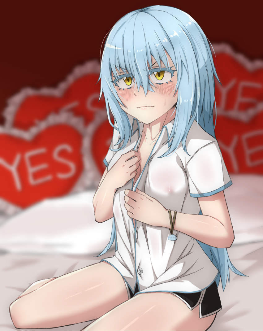 1other bed blue_hair blush covered_nipples embarrassed hagetaka_chourou highres nipples nose_blush pillow rimuru_tempest tensei_shitara_slime_datta_ken thighs yes-no_pillow