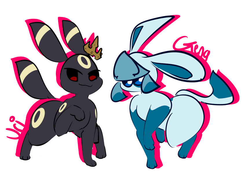 1-upclock 2024 absurd_res blue_eyes digital_media_(artwork) duo eeveelution female feral gena_(1-upclock) generation_2_pokemon generation_4_pokemon glaceon hi_res male nintendo pokemon pokemon_(species) red_eyes simple_background tail text umbreon uri_(1-upclock) white_background