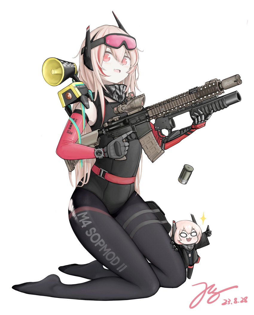 1girl absurdres assault_rifle asymmetrical_arms asymmetrical_horns banana_(girls'_frontline) bandana belt belt_buckle black_gloves black_leotard black_one-piece_swimsuit black_pantyhose black_wetsuit blonde_hair bodysuit breasts buckle chibi chibi_inset covered_navel dated detached_sleeves diving_mask diving_mask_on_head diving_suit fang feet girls'_frontline gloves goggles goggles_on_head grenade_launcher gun highleg highleg_leotard highres holding holding_gun holding_weapon horns jerry_wang kneeling leotard long_hair looking_at_viewer m4_carbine m4_sopmod_ii m4_sopmod_ii_(girls'_frontline) m4_sopmod_ii_jr mask mechanical_arms medium_bangs messy_hair multicolored_hair one-piece_swimsuit open_mouth optical_sight pale_skin pantyhose pantyhose_under_swimsuit pink-tinted_eyewear red_belt red_eyes rifle single_detached_sleeve single_glove skin_fang skin_tight small_breasts smile streaked_hair swimsuit tactical_clothes thigh_pouch thigh_strap thighband_pantyhose tinted_eyewear torn_clothes torn_pantyhose trigger_discipline underbarrel_grenade_launcher unworn_mask watch weapon wetsuit white_background wristwatch