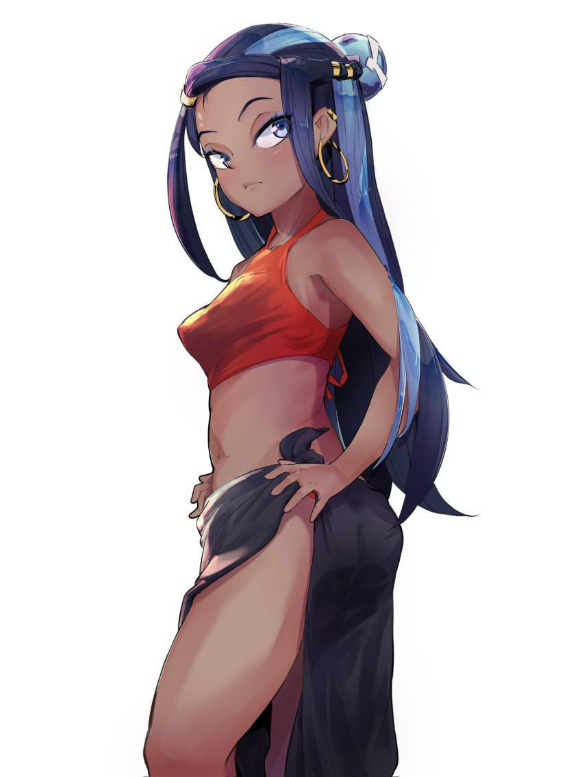 1girl black_hair blue_hair closed_mouth commentary_request cropped_shirt dark-skinned_female dark_skin earclip earrings eyelashes hands_on_own_hips highres hoop_earrings jewelry looking_back multicolored_hair nessa_(pokemon) pokemon pokemon:_twilight_wings sarong shirt shu187 sidelocks simple_background sleeveless sleeveless_shirt solo two-tone_hair white_background