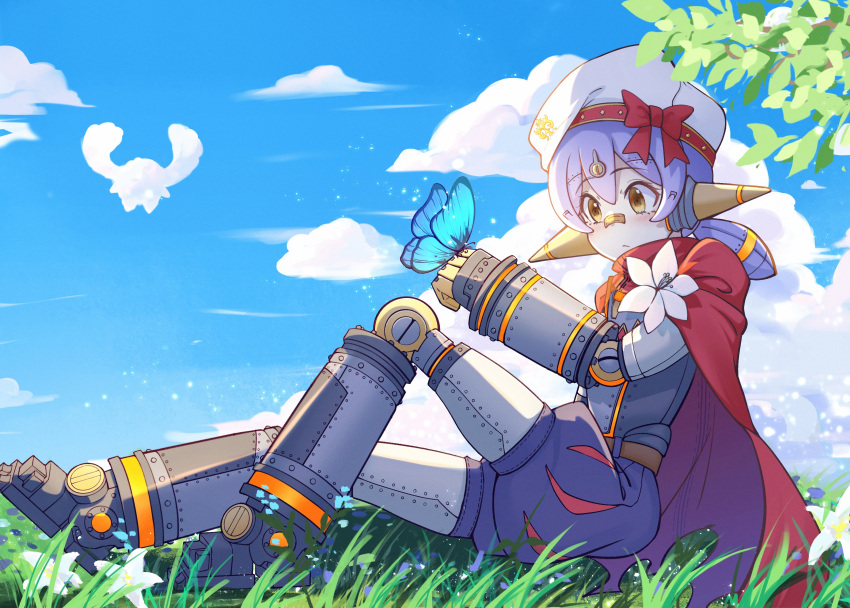 1girl absurdres android animal animal_on_hand beret blue_sky bow brown_eyes bug butterfly cloak closed_mouth cloud commentary_request day flower hair_between_eyes hat hat_bow highres kaguyamaou knee_up low_twintails on_grass outdoors poppi_(xenoblade) purple_hair red_bow red_cloak sitting sky solo twintails white_flower white_headwear xenoblade_chronicles_(series) xenoblade_chronicles_2