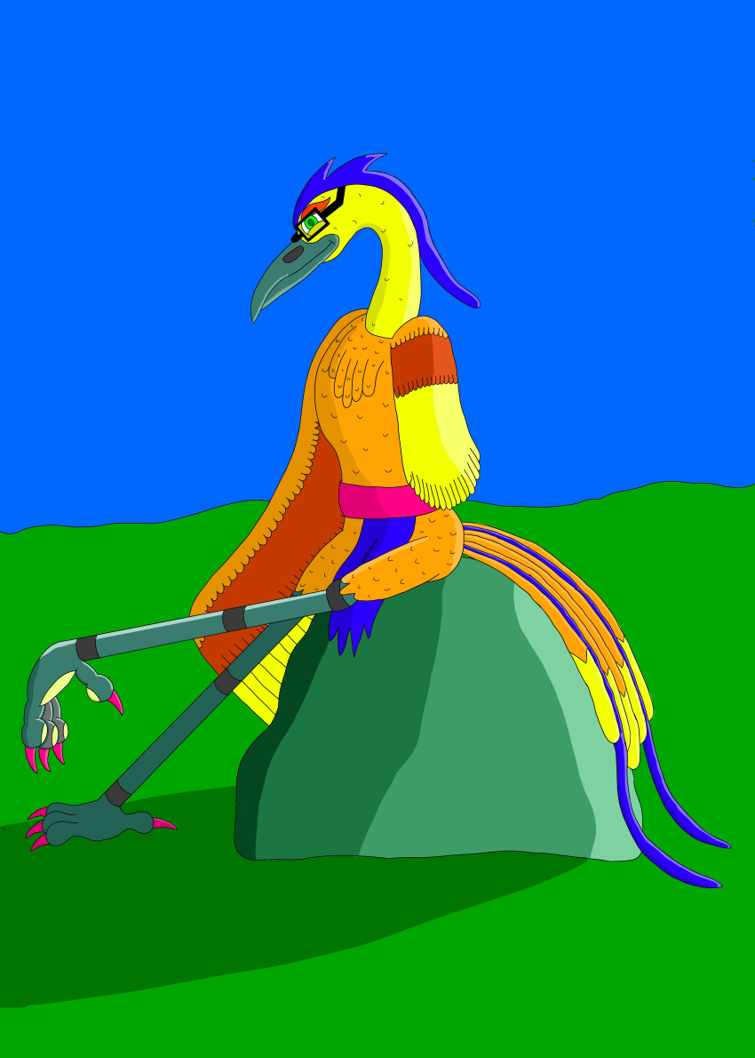 absurd_res andrezaniathephoenix avian beak belt blue_hair bottomwear clothing colorful_feathers colorful_tail european_mythology eyebrows eyewear feathers feral glasses greek_mythology green_eyes hair hi_res loincloth long_tail looking_at_viewer male mythological_avian mythological_firebird mythology phoenix red_eyebrows relaxing rock shaded shadow simple_background simple_shading sitting solo tail wings
